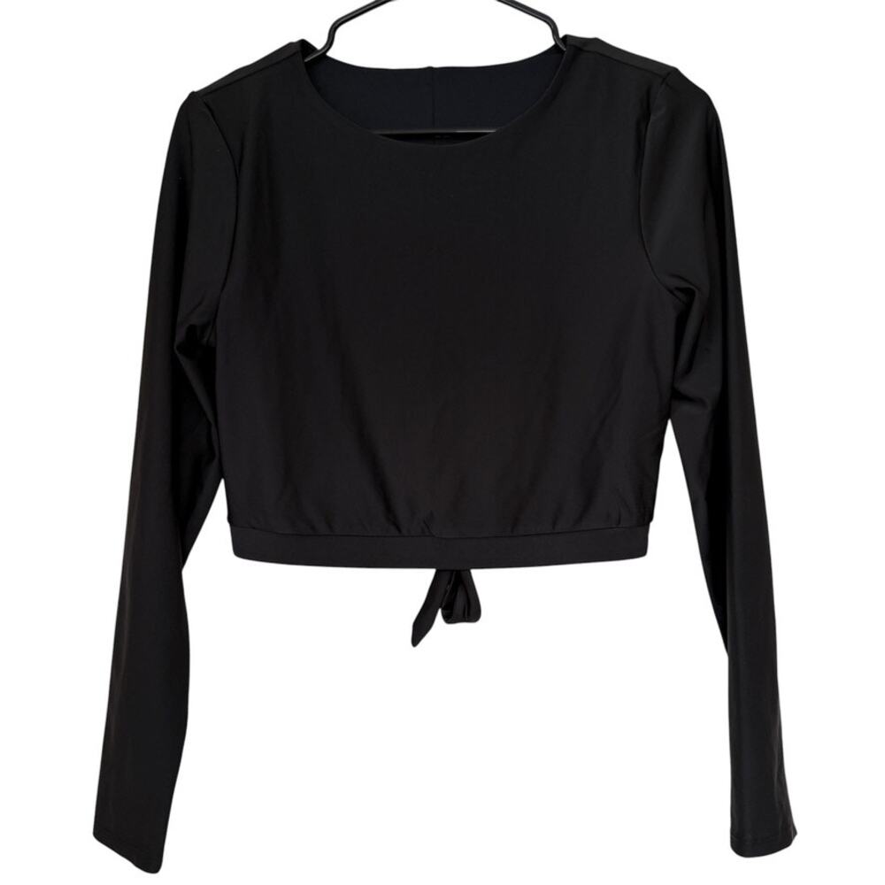 Old Navy Black Long Sleeve Cropped Layer Top Key Hole & Tie Back Sz L Activewear